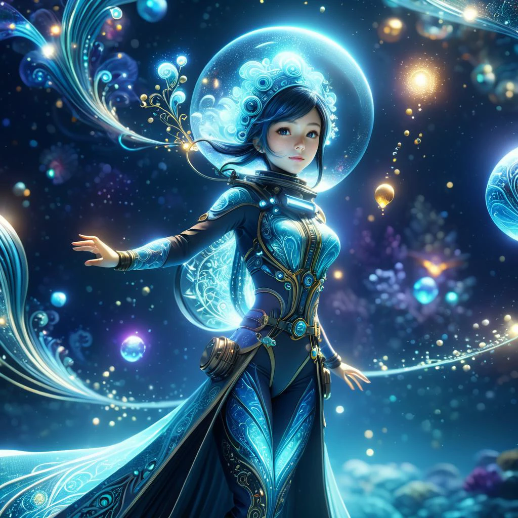 (best quality, masterpiece, absurdres, highres, ultra_detailed, dynamic angle:1.2), photography of 1girl, mage, aquamancer, (colorful:1.3) ornate diving bodysuit, lama scuba helmet, glowing cybernetics, long robe woven with celestial patterns, (spellcasting, arcane knowledge, empowering allies, elemental water magic:1.5), ethereal glowing runes, (underwater:1.2), sea plants, bioluminescence, futuristic, sci-fi, (intricate details, hyperdetailed:1.15), (ultrahigh resolution textures), bokeh, (volumetric, cinematic, dim blue) lighting, caustics, depth of field, <lora:lama_scuba_helmet-xl-v2-000012:0.4>, <lora:EnvyScifiStreamlineXL01:0.1>, <lora:DonMM4g1cXL-v2.1-000010:0.7>