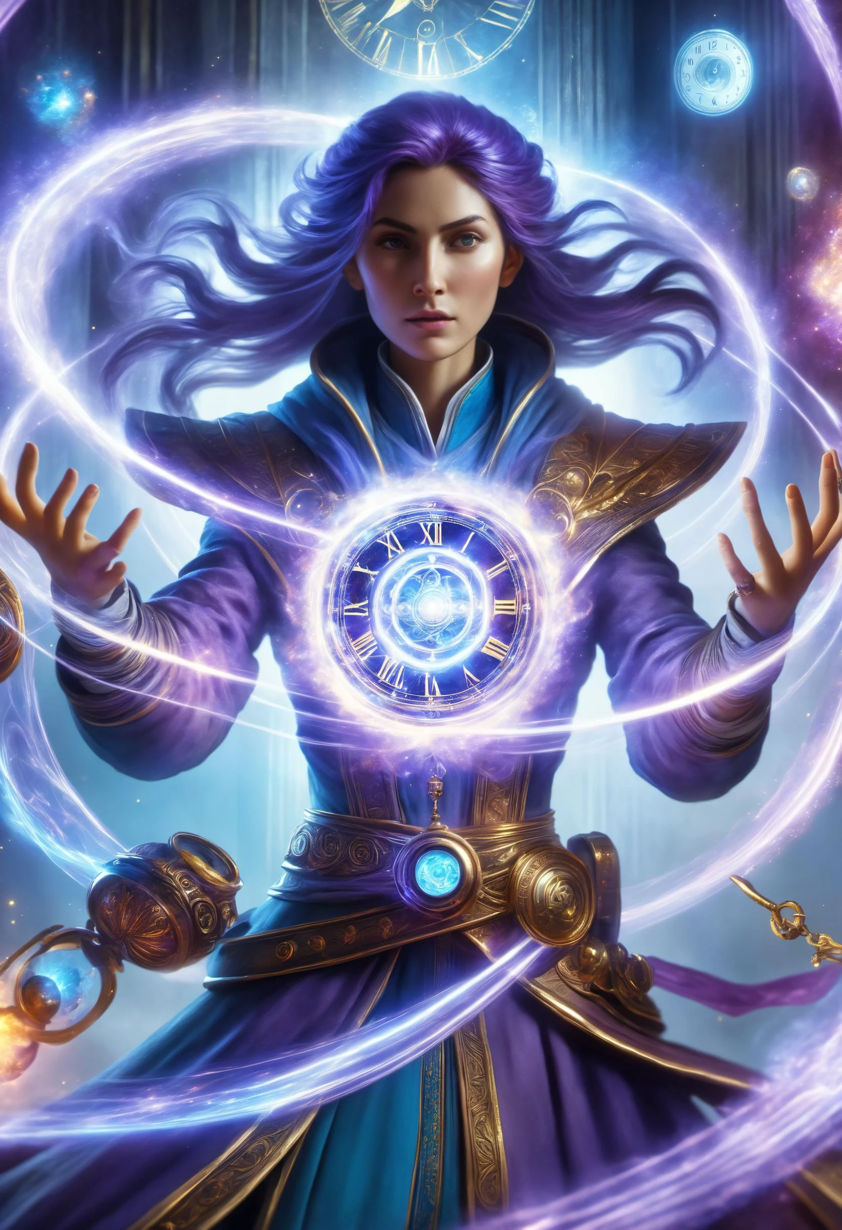 hyper detailed masterpiece, dynamic, awesome quality, female cleric Summoning jinx shaped like Aura of bluish-violet pyroclasmic celestial and time loops and time travel DonMM4g1cXL <lora:DonMM4g1cXL_v1.2:0.8>