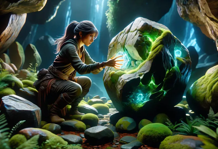 hyper detailed masterpiece, dynamic, awesome quality,female caster casting rugged, floating boulder, covered in patches of moss and small plants, emanating deep resonant hum, breathing, with veins of glowing minerals tracing patterns like ancient runes DonMM4g1cXL <lora:DonMM4g1cXL_v1.2:1>