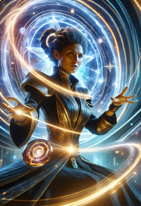 hyper detailed masterpiece, dynamic, awesome quality, female chronomancer, psychic powers, raypunk (enrapturing,fantastical,strange attractors,star,convection,plasma,vibroblade,quantum computing building brains convection,triangular prism,spiral lines,parallel liness magic:1.0) DonMM4g1cXL <lora:DonMM4g1cXL_v1.2:0.8>
