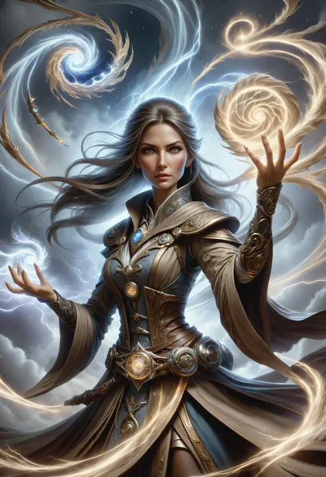 hyper detailed masterpiece, dynamic, awesome quality, female war mage Wielding conjuring shaped like Wisp of taupe cyclonic time and weather control (manipulating weather patterns) DonMM4g1cXL <lora:DonMM4g1cXL_v1.2:0.8>