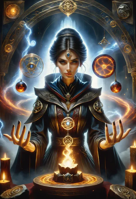hyper detailed masterpiece, dynamic, awesome quality, a female occultist casting tempestuous order DonMM4g1cXL magic, <lora:DonMM4g1cXL_v1.2:1>, Perfect Hands, <lora:Perfect Hands:1>