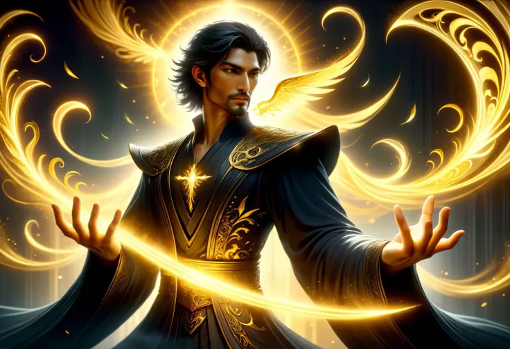 hyper detailed masterpiece, dynamic, awesome quality, male nightblade radiant, soft golden light, emanates warmth, sense of peace, gently floating ethereal figures and symbols, presence brings a sense of hope and sanctity DonMM4g1cXL <lora:DonMM4g1cXL_v1.2:1> <lora:Perfect Hands v2:0.8> Perfect Hands