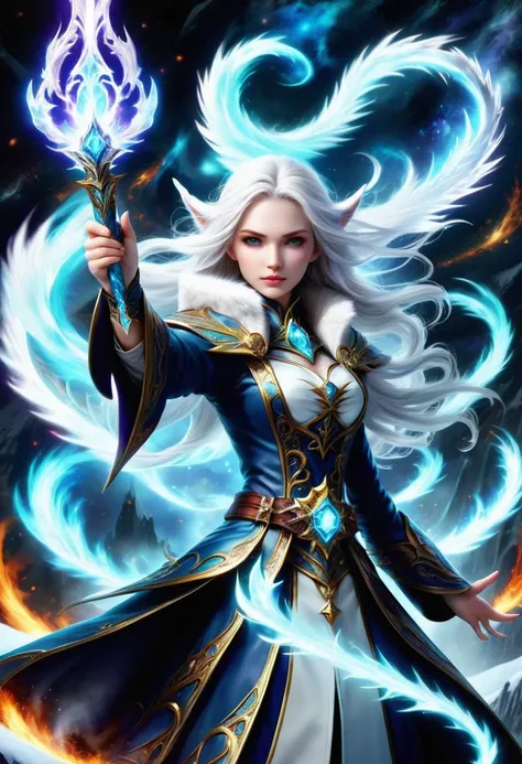 hyper detailed masterpiece, dynamic, awesome quality, a female enchanter summoning polar chaos DonMM4g1cXL magic, wand <lora:DonMM4g1cXL-000008:0.8>