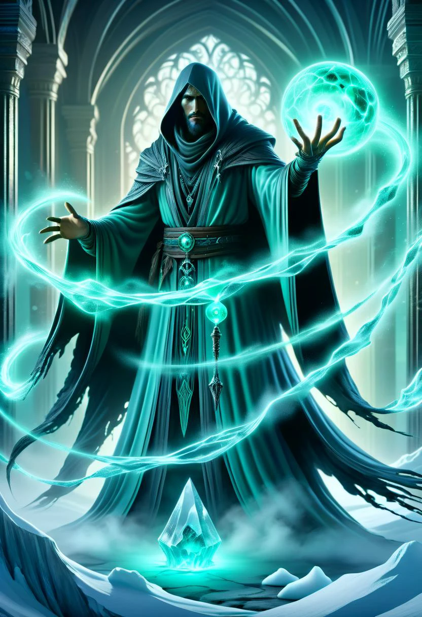 hyper detailed semi realistic 2.5D digital art masterpiece, dynamic, awesome quality, male necromancer, cryokinesis (mind over ice and cold) Evoking sorcery shaped like Veil of seafoam green gaseous time and psychic magic <lora:DonMM4g1cXL_v1.2:0.8> DonMM4g1cXL, <lora:Perfect Hands v2:0.8> Perfect Hands