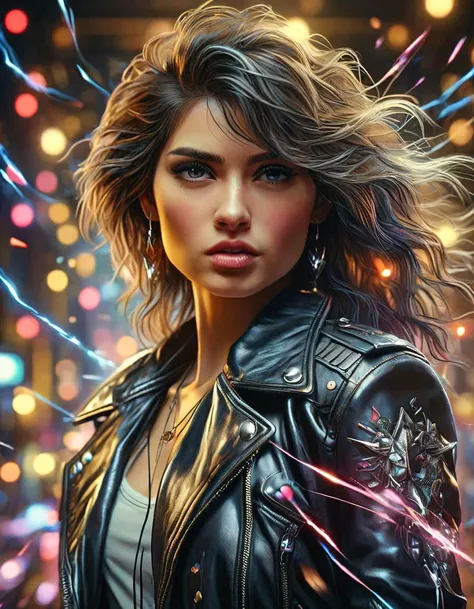 movie still, cinematic masterpiece, hyper detailed masterpiece, dynamic, awesome quality, beautiful 80s inspired female singer casting heartfelt love DonMM4g1cXL magic, perfect eyes, hyperdetailed photography, soft light, high resolution, pov, leather jacket, spiked collar