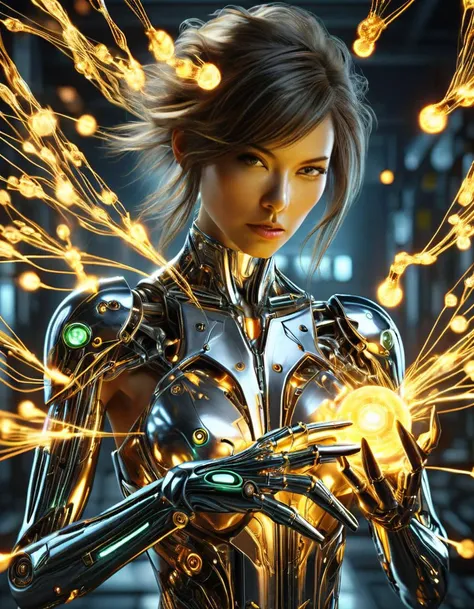 hyper detailed masterpiece, dynamic, awesome quality, an attractive female cyborg casting atomic glowing uranium DonMM4g1cXL magic, Perfect Hands, beautiful face, perfect eyes, metallic skin, mechanical parts, robotic