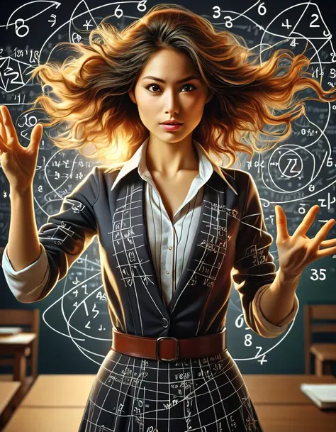 hyper detailed masterpiece, dynamic, awesome quality, a female sexy mathmatics teacher casting floating number DonMM4g1cXL magic, Perfect Hands, beautiful face, perfect eyes, standing in class room in front of a blackboard with mathematical equations