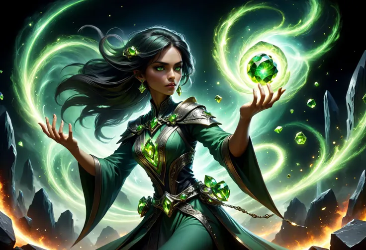 hyper detailed masterpiece, dynamic, awesome quality, female spellcaster, cosmic energy manipulation Casting spells sorcery shaped like Mirage of peridot green pyroclasmic chaos and shaping and forging metal with magic DonMM4g1cXL <lora:DonMM4g1cXL_v1.2:0.7> <lora:Perfect Hands v2:1.0> Perfect Hands