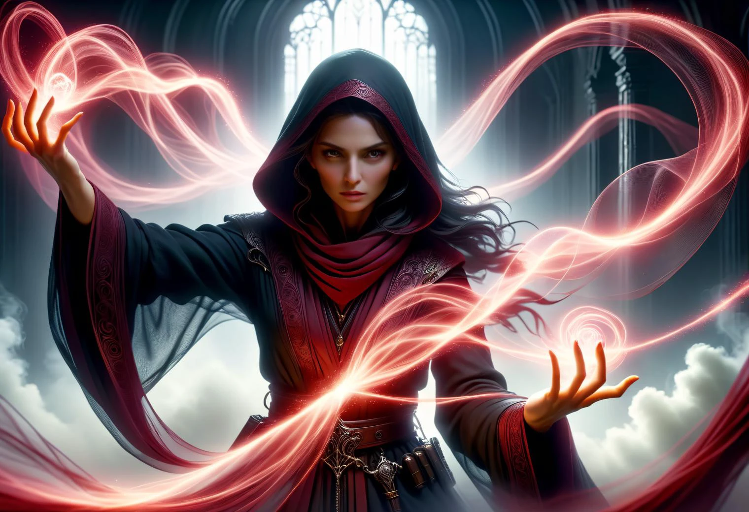 hyper detailed masterpiece, dynamic, awesome quality, female force adept crimson streams and veils that flow and twine in the air, moving with an eerie life of their own, pulse with every heartbeat, creating an intimate yet unsettling spectacle, miasmic mist DonMM4g1cXL <lora:DonMM4g1cXL_v1.2:1> <lora:Perfect Hands v2:0.8> Perfect Hands