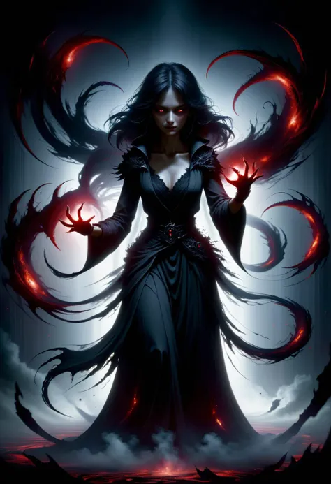 hyper detailed masterpiece, dynamic, awesome quality,female caster casting amorphous shadow, deeper and darker than night, absorbing light and hope, red eyes flicker within, sinister grace, leaving a feeling of unease and dread DonMM4g1cXL <lora:DonMM4g1cXL_v1.2:1>
