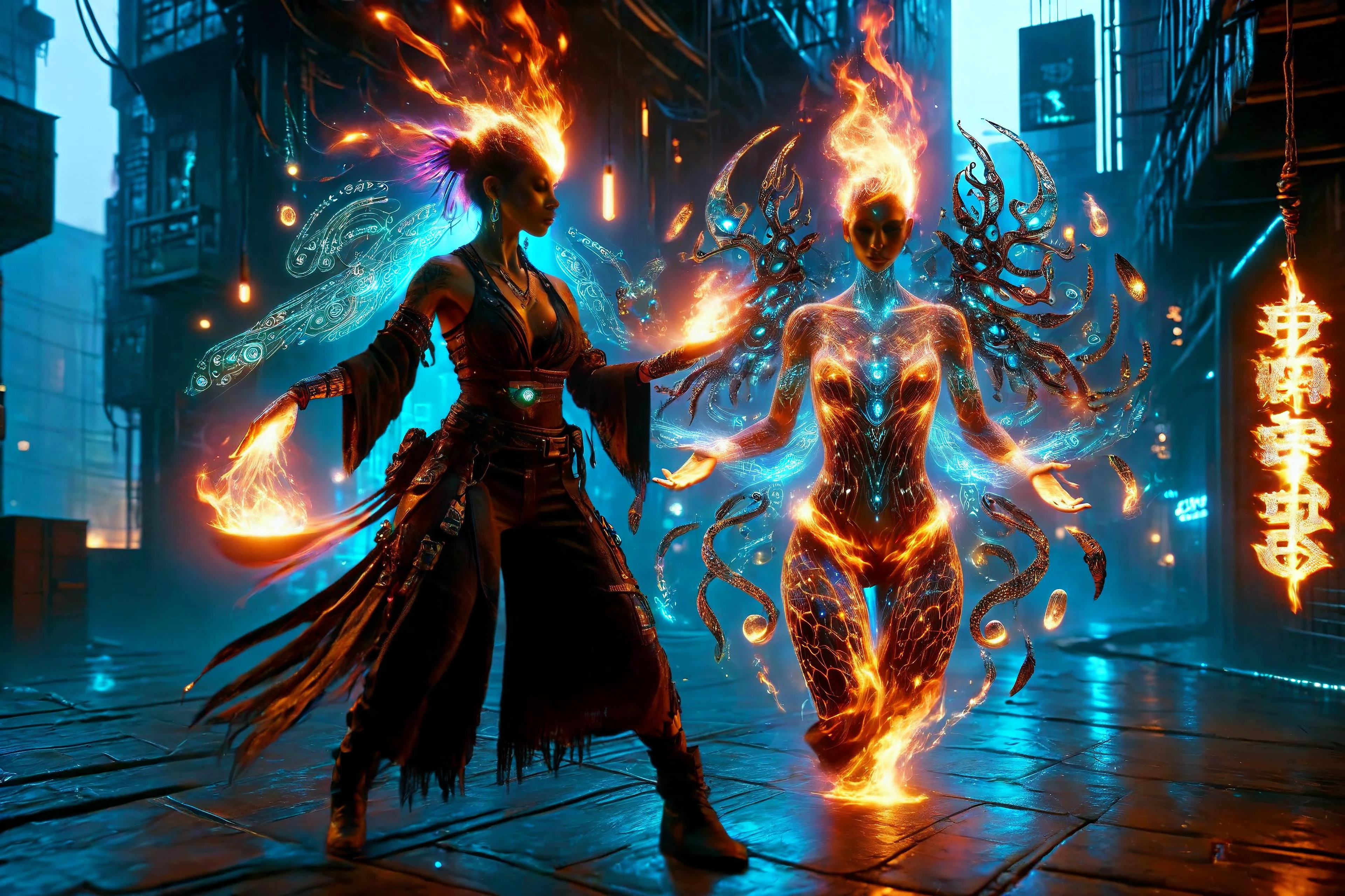 female shaman, runes floating in the air, fire, flames, glowing bioluminescent tattoos, cyberpunk alley, leather clothing, neon lights, magic, glowing, DonMM4g1cXL , casting spell, conjuring, cyberpukai <lora:CyberPunkAIp:0.8> <lora:Bio-Luminescence:0.8> <lora:DonMM4g1cXL_v1.2:1>, 8k uhd, dslr, soft lighting, high quality, film grain, Fujifilm XT3, raw, photo_realistic, realistic, (highly detailed skin:1.1), visible pores, subsurface scattering, <lora:EnvyBetterHiresFixXL01:1>