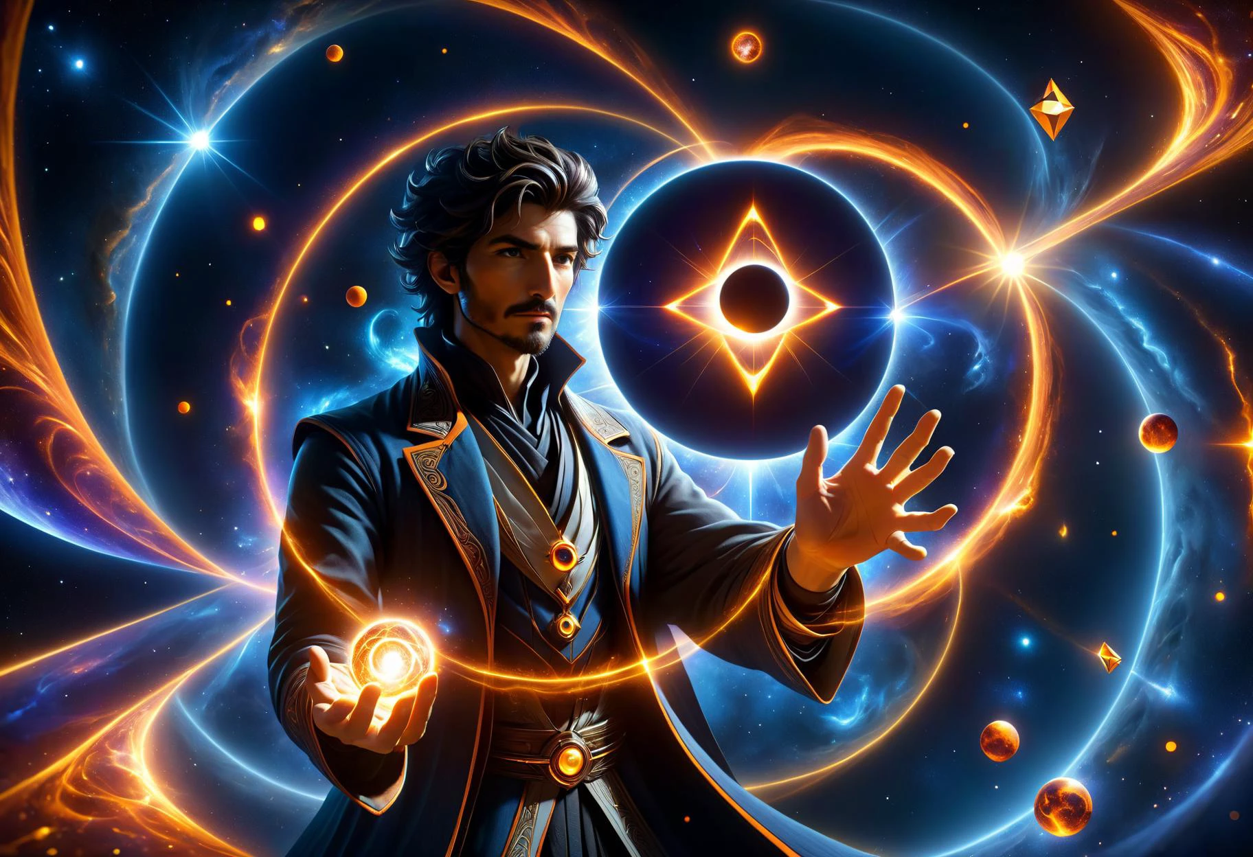 hyper detailed masterpiece, dynamic, awesome quality, male summoner (space-time continuum,solid,solar eclipse,linen,dark matter rotation,tetrahedron,rectangle,curved lines,bluish-orange illusion ,pulsating,convection magic:1.0) DonMM4g1cXL <lora:DonMM4g1cXL_v1.2:0.7> <lora:Perfect Hands v2:1.0> Perfect Hands