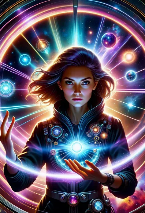 hyper detailed semi realistic 2.5D digital art masterpiece, dynamic, awesome quality,  female energy manipulator, time manipulation, atompunk  (resonate,holographic projection print,garnet (also a mineral),video art equipment,pastel,interstellar cosmic ray,black hole,strange attractor,plasma,stiff,satin texture,meteor shower magic:1.0) <lora:DonMM4g1cXL_v1.2:0.8> DonMM4g1cXL,  <lora:Perfect Hands v2:0.8> Perfect Hands
