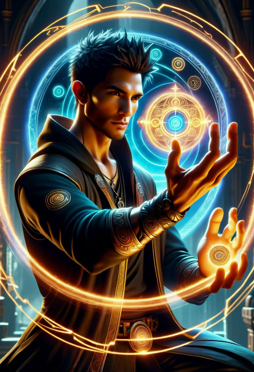 hyper detailed semi realistic 2.5D digital art masterpiece, dynamic, awesome quality, male technomancer Exercising enchantment shaped like Glyph of bicolored magical circle order and entropy magic <lora:DonMM4g1cXL_v1.2:0.8> DonMM4g1cXL, <lora:Perfect Hands v2:0.8> Perfect Hands