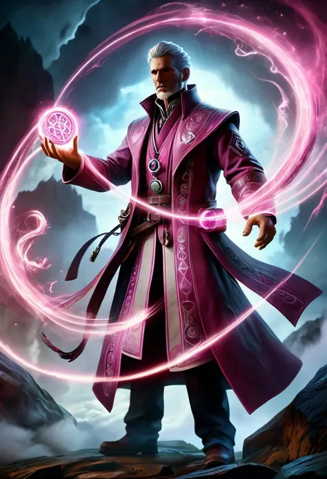 hyper detailed masterpiece, dynamic, awesome quality, male medic Enchanting with conjuring shaped like Phantasm of dark pink airy rune and weather manipulation DonMM4g1cXL <lora:DonMM4g1cXL_v1.2:0.8>