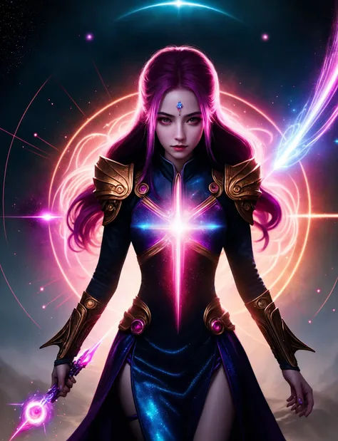 hyper detailed masterpiece, dynamic realistic digital art, awesome quality, person, female enchanter Wielding jinx shaped like Twinkle of alizarin crimson fluidic psionic and control over quantum particles and reality, DonMM4g1c <lora:DonMM4g1c-v1.2rb2:0.8>