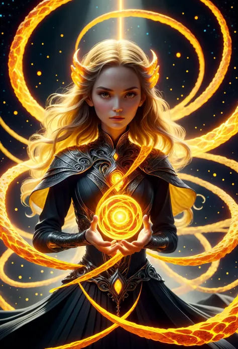 hyper detailed masterpiece, dynamic, awesome quality, female oracle Weaving conjuring shaped like Amorphous of nickel yellow lava celestial and illusion magic DonMM4g1cXL <lora:DonMM4g1cXL_v1.2:0.65> <lora:Perfect Hands v2:1.0> Perfect Hands