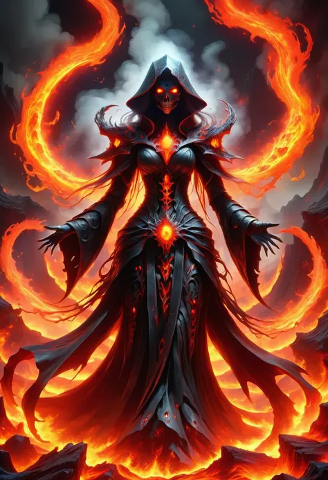 hyper detailed masterpiece, dynamic, awesome quality, a female necromancer conjuring lava radiation DonMM4g1cXL magic, <lora:DonMM4g1cXL-000008:0.8>