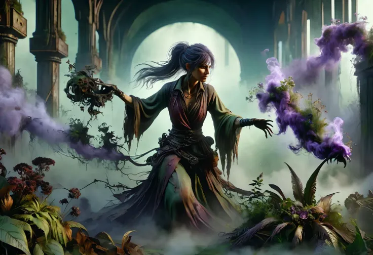 hyper detailed masterpiece, dynamic, awesome quality,female caster casting creeping miasmic fog that clings to the ground, sickly green-purplish color, a feeling of decay and corruption, withering plants and rusting metal, whisper of mortality DonMM4g1cXL <lora:DonMM4g1cXL_v1.2:1>
