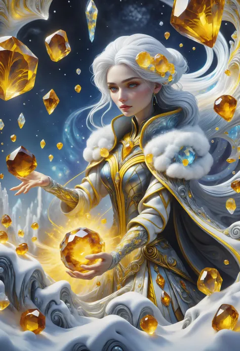 hyper detailed masterpiece, dynamic, awesome quality, female cryomancer (colloids,ytterbium,marbled pattern,bead weaving,gypsum board,snow white (a crystalline substance),citrine yellow,gestalt principles,electromagnetic blizzards,gooey texture magic:1.0) DonMM4g1cXL <lora:DonMM4g1cXL_v1.2:0.8>