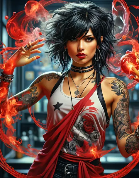 An evil woman
 In hell with red fire and evil sign background
 With a big and thick blue Star of David necklace
 With many evil tattoos on his arms and legs and a tattoo of 666 and Hebrew letters on his stomach
 with horns
 An open-mouthed evil laugh with the head up and eyes closed
 With denim shorts and a black bra
 with a bloody body
 He stretched forward with a bloody hand
 With shapely legs