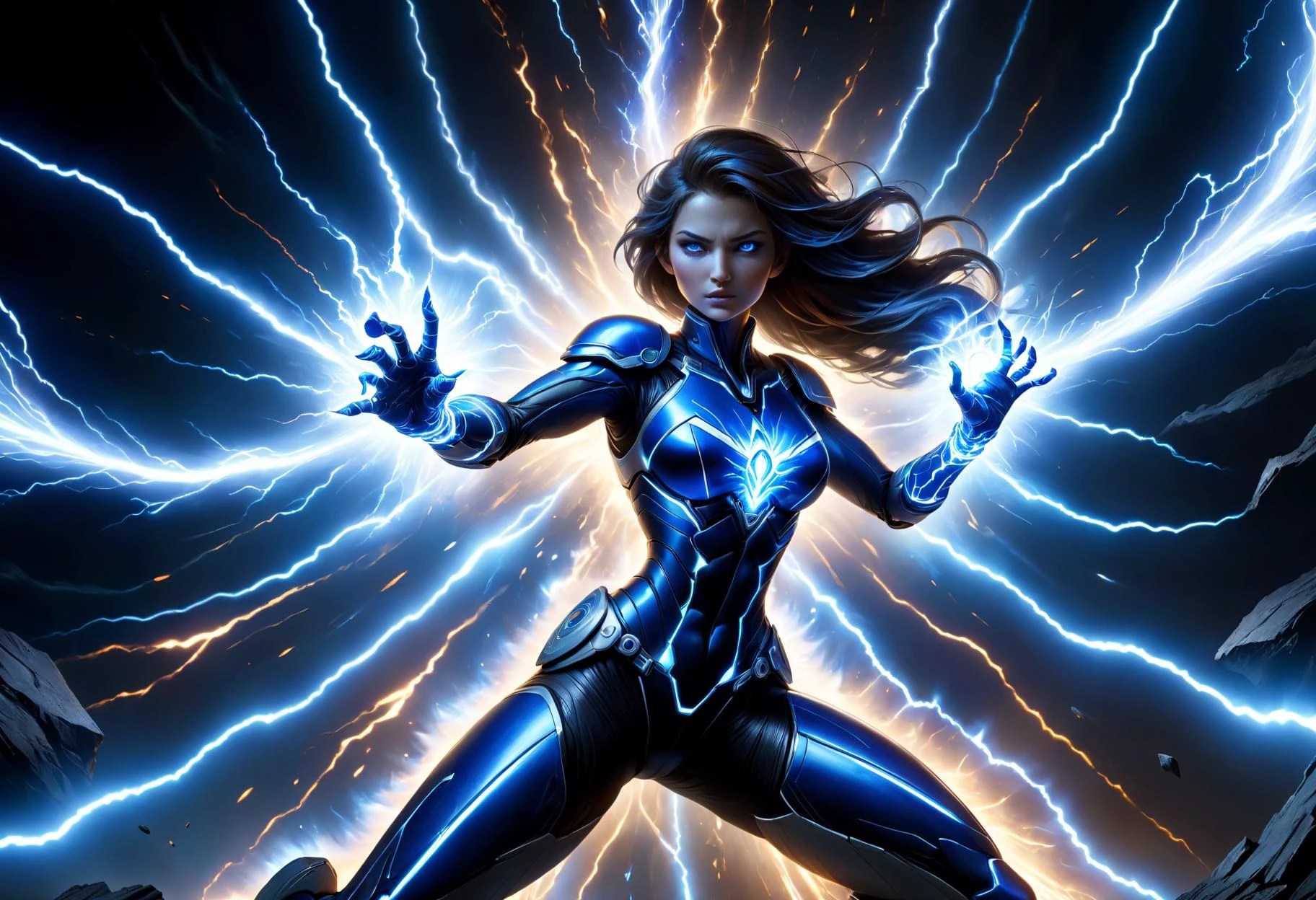 hyper detailed masterpiece, dynamic, awesome quality, female sentinel jagged streaks of electric blue white energy, crackling intensely around a pulsating core, sizzles and pops with static, ground is faintly glowing DonMM4g1cXL <lora:DonMM4g1cXL_v1.2:0.7> <lora:Perfect Hands v2:1.0> Perfect Hands