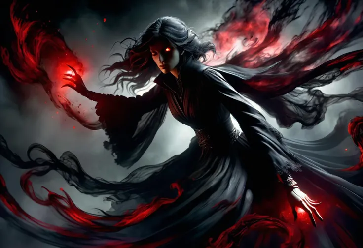 hyper detailed masterpiece, dynamic, awesome quality,female caster casting amorphous shadow, deeper and darker than night, absorbing light and hope, red eyes flicker within, sinister grace, leaving a feeling of unease and dread DonMM4g1cXL <lora:DonMM4g1cXL_v1.2:1>
