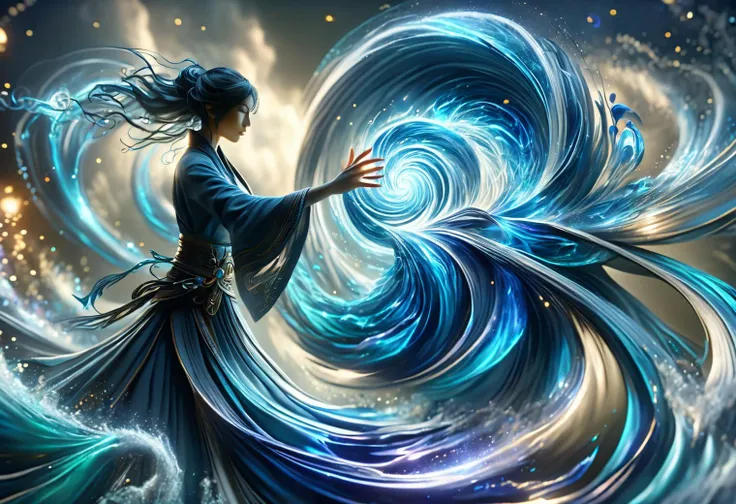 hyper detailed masterpiece, dynamic, awesome quality,female caster casting water magic swirling vortex of wind, bends and distorts the ai, gentle embrace, dancing around an invisible core, pulse DonMM4g1cXL <lora:DonMM4g1cXL_v1.2:1>