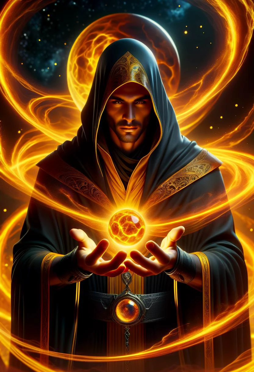 hyper detailed semi realistic 2.5D digital art masterpiece, dynamic, awesome quality, male arcanist, gravity magic Channeling bewitchment shaped like Veil of naples yellow void magma and scrying <lora:DonMM4g1cXL_v1.2:0.8> DonMM4g1cXL, <lora:Perfect Hands v2:0.8> Perfect Hands