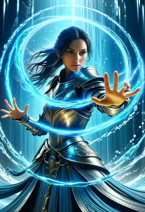 hyper detailed masterpiece, dynamic, awesome quality, female knight Casting spells enchant shaped like Phantasm of streaked magical circle celestial and water manipulation (controlling water flow and shape) <lora:DonMM4g1cXL_v1.2:0.8> DonMM4g1cXL, <lora:Perfect Hands v2:0.8> Perfect Hands