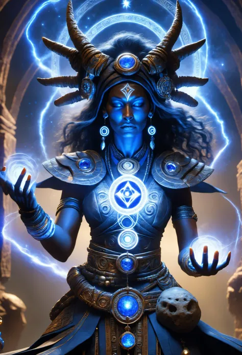 hyper detailed masterpiece, dynamic, awesome quality, female witch doctor Conjuring invocation shaped like Nexus of cobalt blue lithic celestial and summoning volent entities DonMM4g1cXL <lora:DonMM4g1cXL_v1.2:0.8>