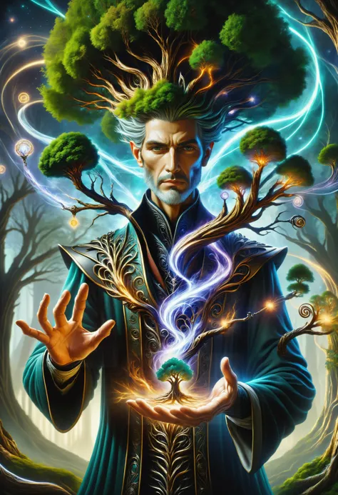 hyper detailed masterpiece, dynamic, awesome quality, a male magus conjuring pneumatic tree DonMM4g1cXL magic, wand <lora:DonMM4g1cXL_v1.2:1>, Perfect Hands, <lora:Perfect Hands:1>