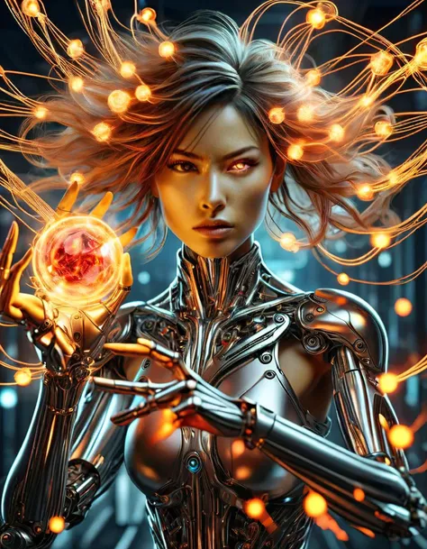 Adagio Dazzling, Adagio Dazzling "My little pony", Bioorganism, not human, Mechanical parts, coiled hair, exuberant hair, hairlong, Bionic body parts, Missing skin, Completely cyborg, Cybernetic organism, mechanical arms, Mechanical legs, full length, full - body, A highly detailed, Качество Ultra 8K, Broken parts, Holes in mechanisms, not a living organism, Runes and Red Magic, Lots of yellow and red, Red highlighting, Magic Earrings, lots of magic, Laser Weapons