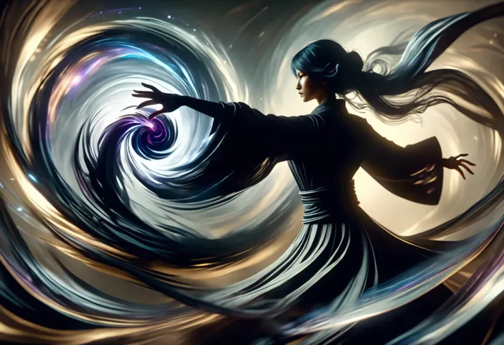 hyper detailed masterpiece, dynamic, awesome quality,female caster casting shadow magic swirling vortex of wind, bends and distorts the ai, gentle embrace, dancing around an invisible core, pulse DonMM4g1cXL <lora:DonMM4g1cXL_v1.2:1>