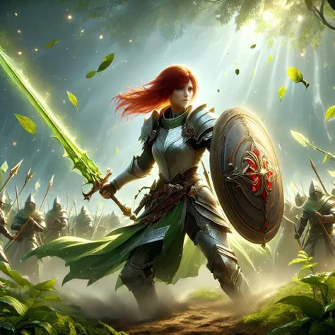 (best quality, masterpiece, absurdres, highres, ultra_detailed, dynamic angle:1.2), Pretty female medieval templar, magic paladin, long red hair, chainmail armor, white with red cross tabard, white with red cross shield, long ornate sword, sword and shield, casting spell, magic, healing small green (aliens crowd:1.3), mud, dirt, alien strange plants, (full body view:1.3), futuristic, sci-fi, (intricate details, hyperdetailed:1.15), (ultrahigh resolution textures), bokeh, ((dim:1.3), volumetric, dramatic) lighting, <lora:sdxl_casting_spell:0.7>, <lora:DonMM4g1cXL-v2.1-000010:0.5>, <lora:XL_Weapon_Sword_Shield:0.8>