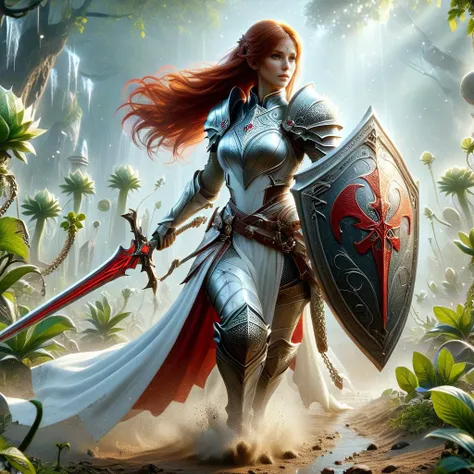 (best quality, masterpiece, absurdres, highres, ultra_detailed, dynamic angle:1.2), Pretty female medieval templar, magic paladin, long red hair, chainmail armor, white with red cross tabard, white with red cross shield, long ornate sword, sword and shield, casting spell, magic, healing small green (aliens crowd:1.3), mud, dirt, alien strange plants, (full body view:1.3), futuristic, sci-fi, (intricate details, hyperdetailed:1.15), (ultrahigh resolution textures), bokeh, ((dim:1.3), volumetric, dramatic) lighting, <lora:sdxl_casting_spell:0.7>, <lora:DonMM4g1cXL-v2.1-000010:0.5>, <lora:XL_Weapon_Sword_Shield:0.8>