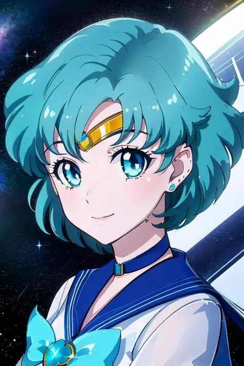 <lora:sailorMercury_v10:1>,(sailor senshi uniform:1.4), (blue eyes:1.2), (Blue hair:1.5) ,smile,comics, illustrations, paintings, large eyes, crystal clear eyes, looking at the audience, large watery eyes, Elegant: 1.2, detailed anima face, Depth of Field, illustration,floating in space, smile, the spaceship, masterpiece, best quality, ultra-detailed, UHD, high details, super detail, high quality, 4K, 8k, 16k,, (high detailed skin:1.2), textured skin,(Beautiful face:0.3),(natural skin texture:1.2),finely detailed beautiful eyes: 1.2), realistic, shiny skin, shiny face, lustrous skin, shiny skin