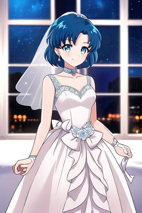 (detailed hair), (masterpiece), (best quality), (ultra-detailed), sharp focus, detailed face, perfect anatomy, perfect lighting, (intricate details), (depth of field), 1girl, full body, SailorMercury, background: night, background: bedroom, <lora:SailorMercury-000009:0.9>, blue eyes, background: window, smiling, wedding dress