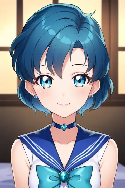 (detailed hair), (masterpiece), (best quality), (ultra-detailed), sharp focus, detailed face, perfect anatomy, perfect lighting, (intricate details), (depth of field), 1girl, full body, SailorMercury, background: night, background: bedroom, <lora:SailorMercury-000009:0.6>, blue eyes, background: window, smiling