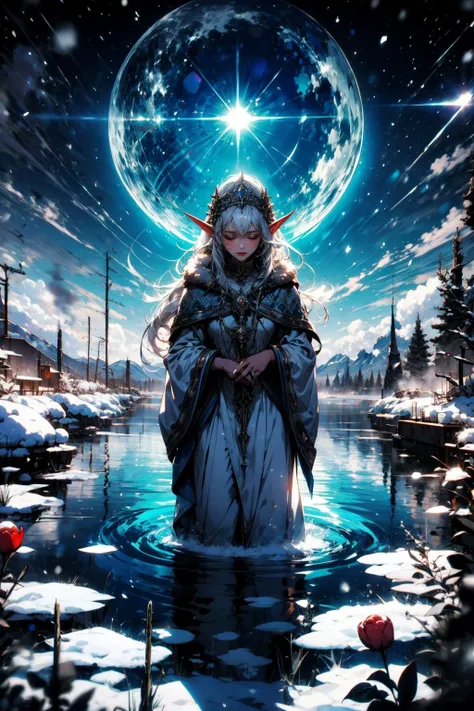 (masterpiece:1.4), (intricate:1.2), (detailed:1.2), (vibrant colors:1.2), BREAK,
(from above:1.0), (magical:1.2), (supernatural:1.2), (white and blue:1.2), <lora:DarkAndLight:0.8>, BREAK,
(elven priestess:1.2), (praying:1.0), (white dress:1.2), (closed eyes:1.0), (white hair:1.0), (thorn headdress:1.2), (pond:1.2), (ritual:1.2), BREAK,
(snow:1.2), (snowstorm:1.0), (ice:1.0), (cold:1.0), (blizzard:1.2)