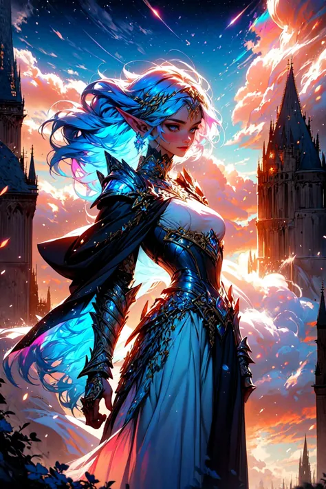 (masterpiece, best quality, detailed, intricate, pastel colors, iridescent), (solo), dynamic angle, (1girl), warrior, white dress, corset, ornaments, gemstones, golden accents, pauldrons, gauntlets, armor, blue hair, pointy ears, outdoors, castle, cloak, windy, night, clouds, wrenchsfantasy, fantasy, glowing <lora:DarkAndLight:0.7> <lora:wrenchsfantasy-000016:0.8>