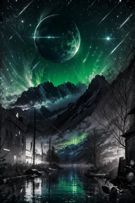 Highly detailed, High Quality, Masterpiece, beautiful, night, (dark environment), mountains, water, trees, <lora:DW-000008:1>