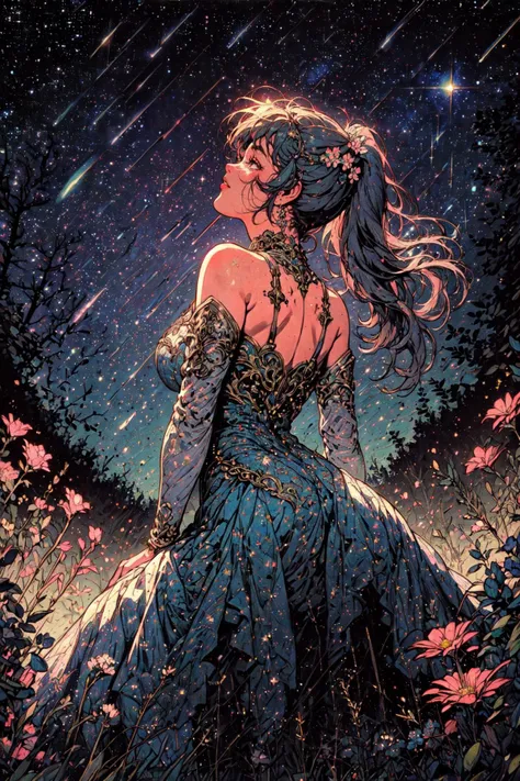 (masterpiece, best quality, detailed, ornate, pastel colors, glimmering), retro, vintage, (from behind), low angle, (solo), 1girl, sitting on a rock, (looking up, head tilted up:1.2), backless dress, bare back, bare shoulders, ponytail, flower ornament, (starry night), meteor shower, nighttime, outdoors, forest, windy, flowers, <lora:Retro_Anime-000002:0.7> <lora:DarkAndLight:0.6>