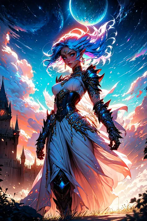 (masterpiece, best quality, detailed, intricate, pastel colors, iridescent), (solo), dynamic angle, (1girl), warrior, white dress, corset, ornaments, gemstones, golden accents, pauldrons, gauntlets, armor, blue hair, pointy ears, outdoors, castle, cloak, windy, night, clouds, wrenchsfantasy, fantasy, glowing <lora:DarkAndLight:0.7> <lora:wrenchsfantasy-000016:0.8>