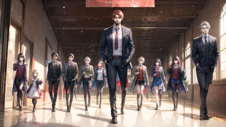 (magic:1.3), (3 girls and 2 boys), (one girl has red hair), (one girl is blond), (one girl has black hair with a book in hand), (one of the boys is a middle aged muscular male professor with dark brown skin tone, grey hair, and a beard wearing a brown jacket), (one boy is a student with gray hair and glasses), (magic academy:1.3), masterpiece, portrait, full body shot, <lora:add_detail:0.5> <lora:DW-000008:0.1> <lora:LAS:0.4> <lora:hairdetailer:0.4> <lora:more_details:0.4> <lora:fstyle03-000005:0.3>
