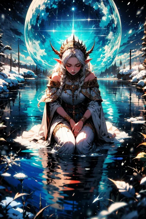 (masterpiece:1.4), (intricate:1.2), (detailed:1.2), (vibrant colors:1.2), BREAK,
(from above:1.0), (magical:1.2), (supernatural:1.2), (white and blue:1.2), <lora:DarkAndLight:0.8>, BREAK,
(elven priestess:1.2), (praying:1.0), (white dress:1.2), (closed eyes:1.0), (white hair:1.0), (thorn headdress:1.2), (pond:1.2), (ritual:1.2), BREAK,
(snow:1.2), (snowstorm:1.0), (ice:1.0), (cold:1.0), (blizzard:1.2)