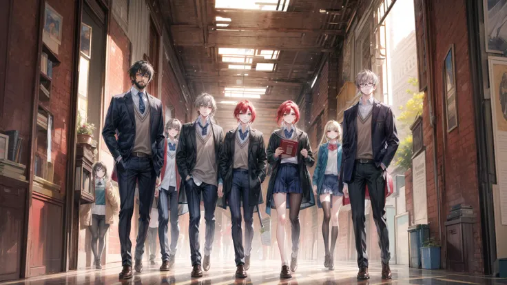 (magic:1.3), (3 girls and 2 boys), (one girl has red hair), (one girl is blond), (one girl has black hair with a book in hand), (one of the boys is a middle aged muscular male professor with dark brown skin tone, grey hair, and a beard wearing a brown jacket), (one boy is a student with gray hair and glasses), (magic academy:1.3), masterpiece, portrait, full body shot, <lora:add_detail:0.5> <lora:DW-000008:0.1> <lora:LAS:0.4> <lora:hairdetailer:0.4> <lora:more_details:0.4> <lora:fstyle03-000005:0.3>