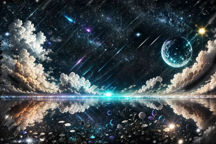<lora:darkAndLight_v10:0.8> masterpiece, best quality,halftone,cloud, light_particles, space, sky,water, night,moon,cloudy sky,depth of field,