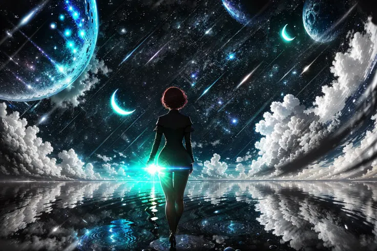 <lora:darkAndLight_v10:0.8> masterpiece, best quality, woman, from behind, halftone,cloud, light_particles, space, sky,water, night,moon,cloudy sky,depth of field,